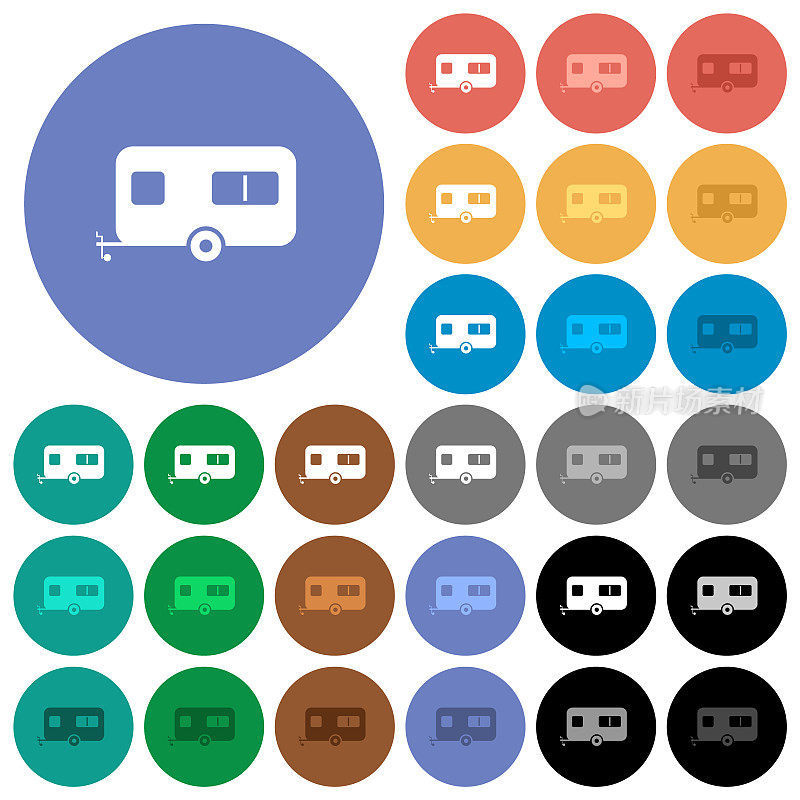 Caravan trailer round flat multi colored icons